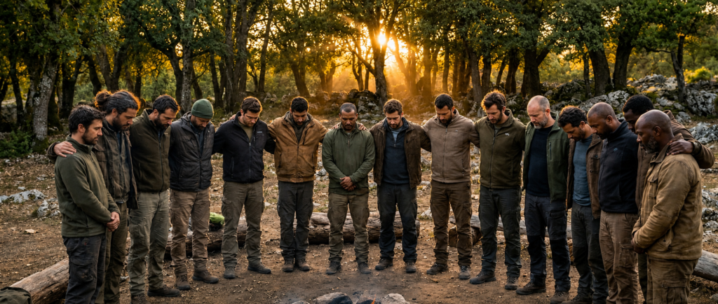 Our Story men gathering campfire circle